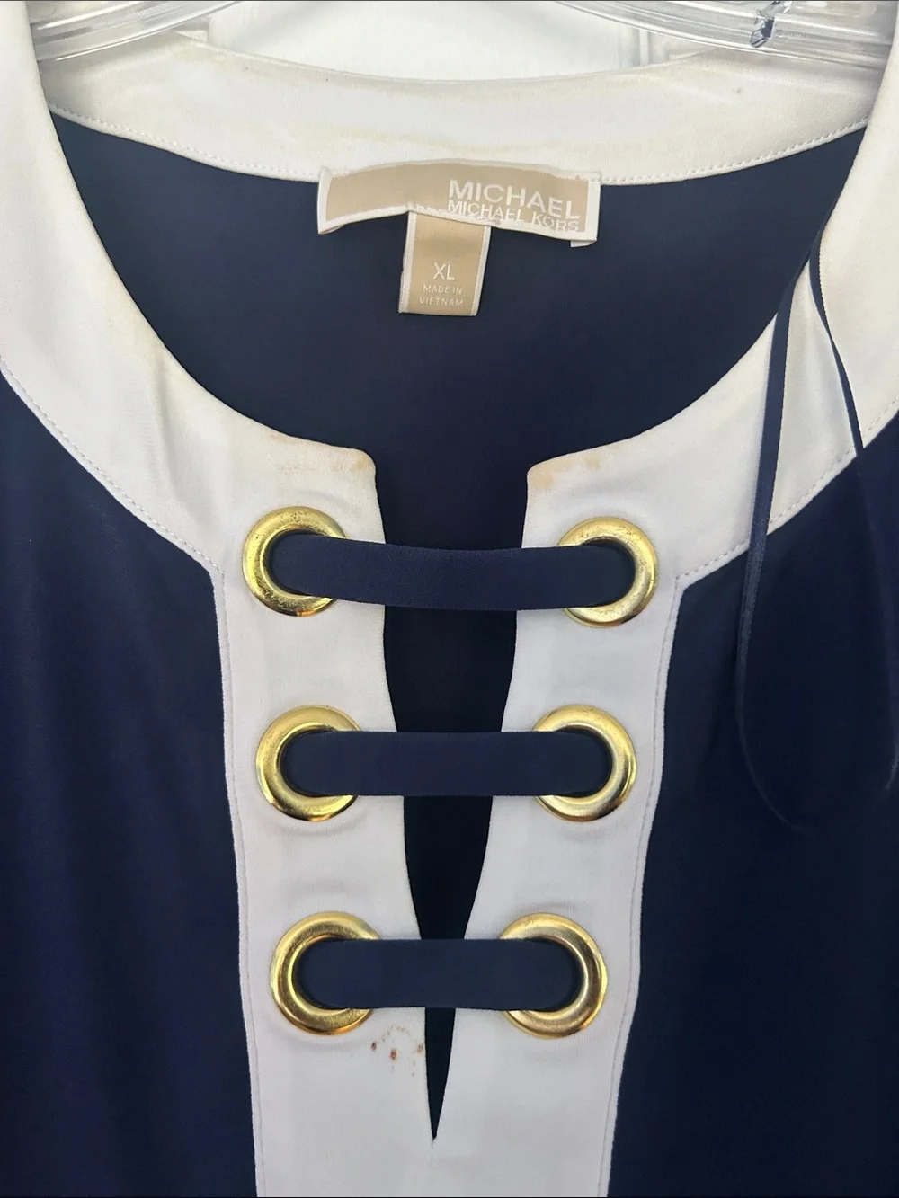 Michael Kors XL Sleeveless Navy Shift Dress with White Trim and Lace-up Detail